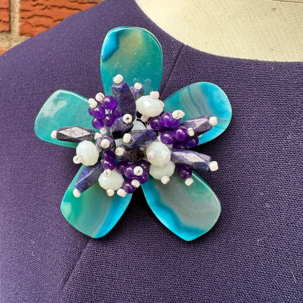 Large Natura Blue Agate Flower Brooch w Purple & White  Agate Center - 3" Wide